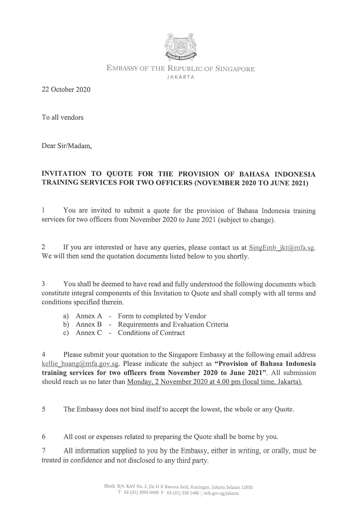 Singapore Embassy Jakarta "Invitation to Quote" document with seal, dates and text.